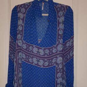 Free People Blue and Purple Patterned Blouse